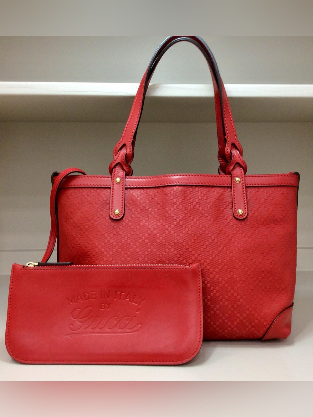 Authentic Gucci Small Diamante Craft Tote Canvas Leather with Pouch Red Bag